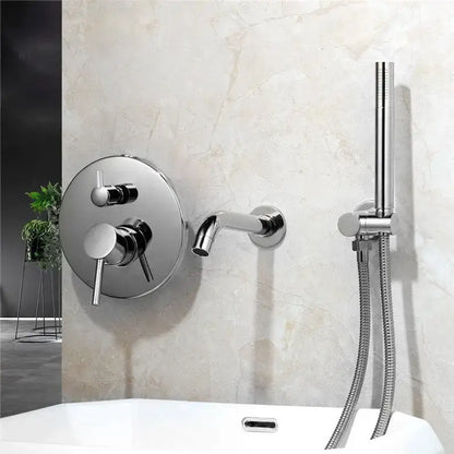 Modern brushed gold shower tub faucet with chrome finish circular control panel and handheld showerhead for bathroom use