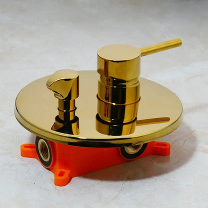 Modern brushed gold shower tub faucet with handheld shower and orange plastic mounting base assembly