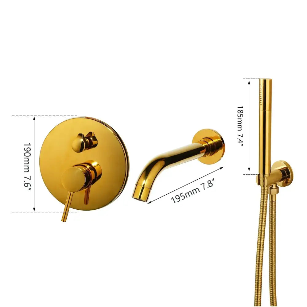 Modern brushed gold shower tub faucet set with circular control valve curved spout and handheld showerhead