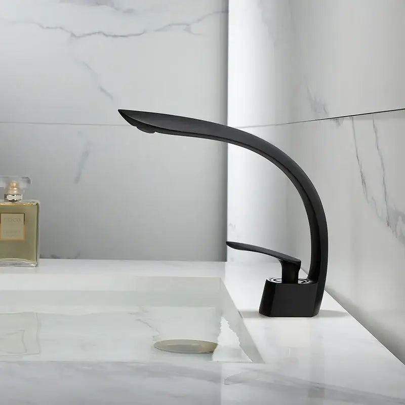 Modern brushed gold waterfall basin faucet with black matte curved spout for bathroom decorbites brushed gold basin faucet