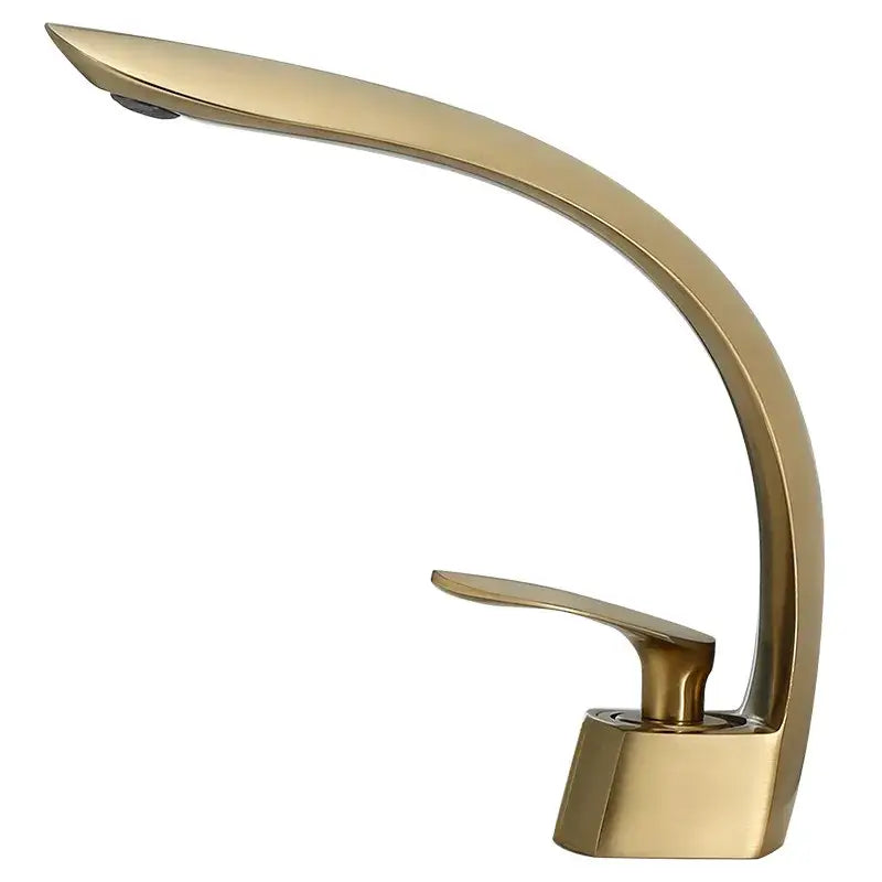 Modern brushed gold waterfall basin faucet with sleek curved design and polished brushed gold basin finish by decorbites