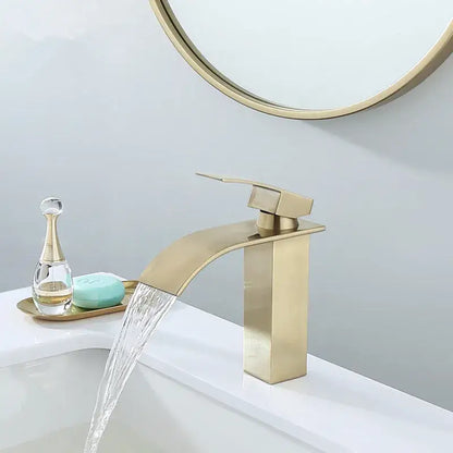 Modern brushed gold basin faucet with sleek rectangular waterfall design and single handle by decorbites brushed gold
