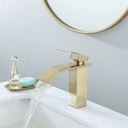 Modern brushed gold basin faucet with sleek angular waterfall design and decorbites brushed gold metal finish