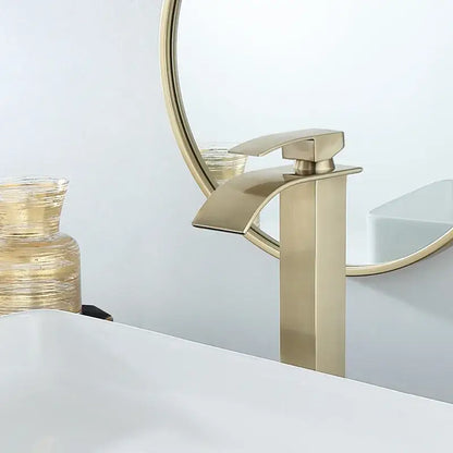 Modern brushed gold basin faucet with sleek angular waterfall design and decorbites brushed gold metal finish