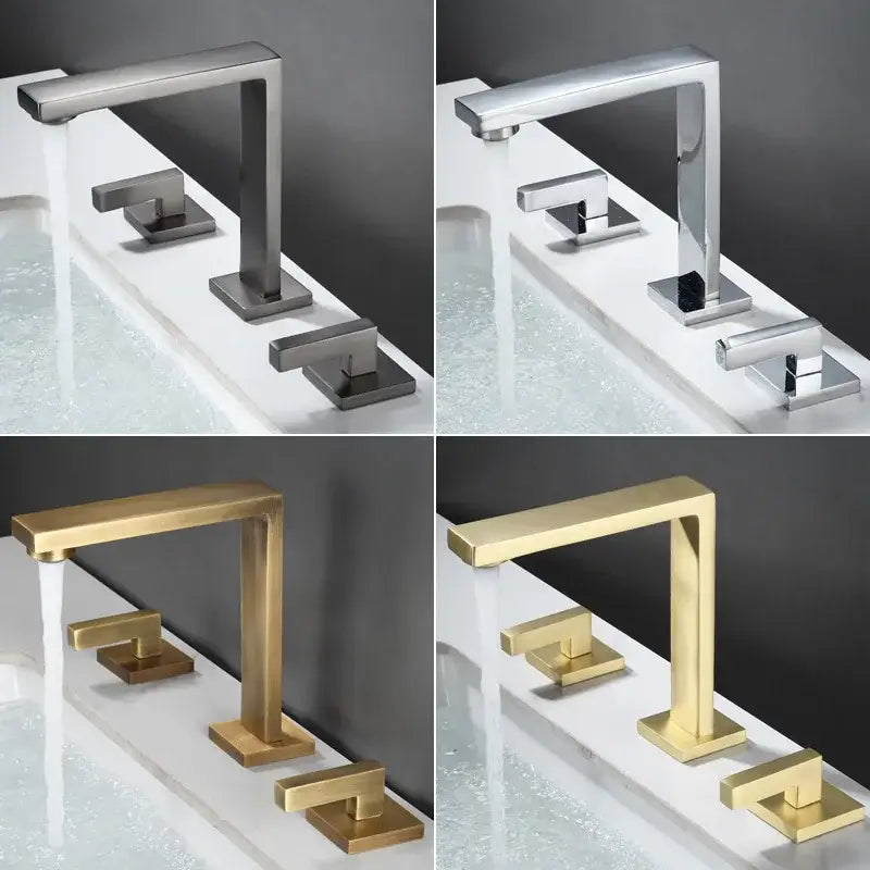Modern brushed gold basin faucet set with rectangular waterfall spout and square base handles in nickel, chrome, and brass finishes