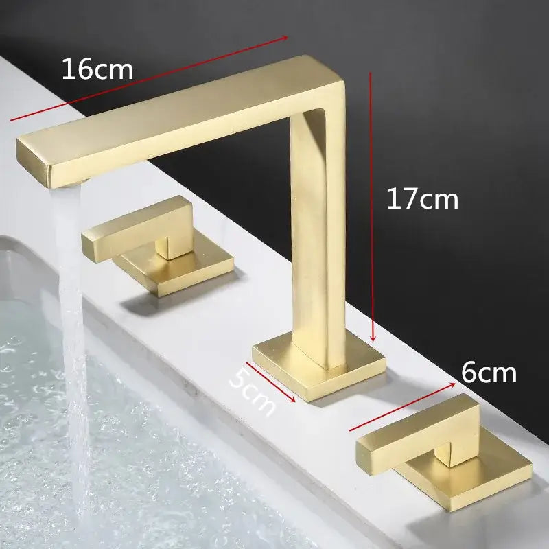 Modern brushed gold basin faucet with two handles and waterfall spout by decorbites for bathroom sink fixtures