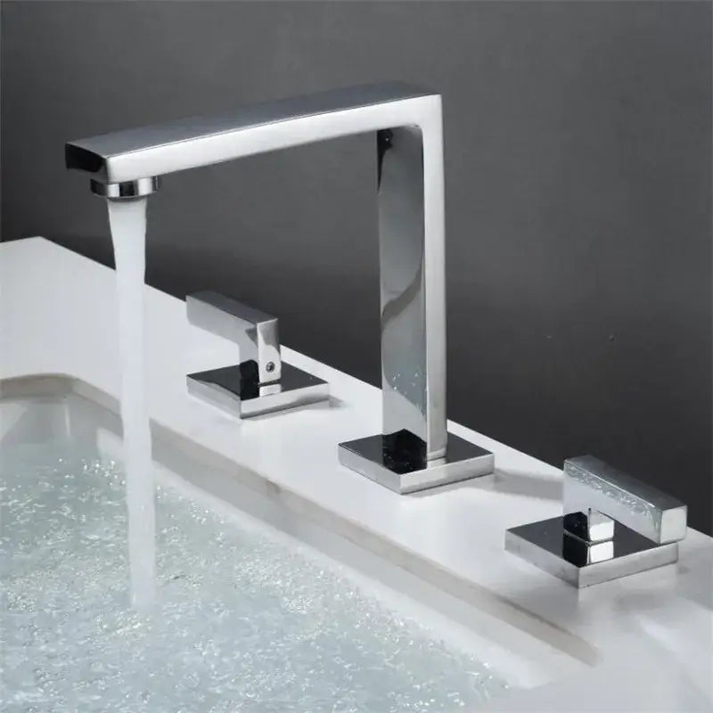 Modern chrome finished rectangular basin faucet with two square handles for decorbites brushed gold bathroom sink tap