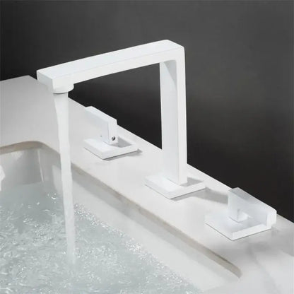 Modern brushed gold basin faucet with three handles and a waterfall spout by decorbites for bathroom sinks