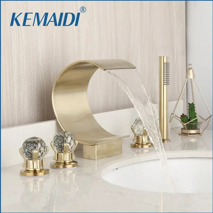 Modern brushed gold wall mounted waterfall shower faucet with single handle and crystal embellished handles
