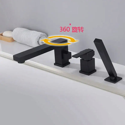Modern brushed gold shower faucet set with black matte angular faucet and 360-degree rotating spout decorbites brushed gold