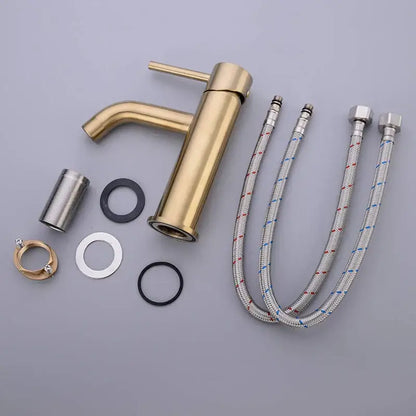 Modern brushed golden brass basin faucet with sleek single-handle design and integrated spout for bathroom use decorbites golden brass basin