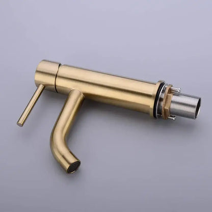 Modern brushed golden brass basin faucet with single handle sleek design and exposed threaded connection by decorbites golden brass