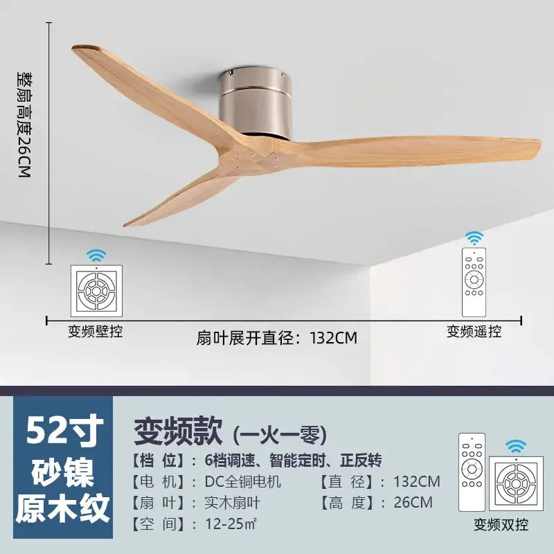 Modern brushed luxury ceiling fan with three natural wood blades in 52-inch brushed metal for living room use