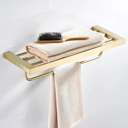Modern brushed matt gold decorbites bath set towel rack in gold-toned metal with sleek horizontal bars and curved ends