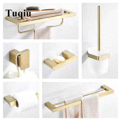 Modern brushed matt gold decorbites bath set featuring sleek rectangular shapes and a brushed metal finish bathroom accessory set