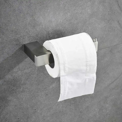 Modern brushed stainless steel toilet paper holder with glass accents in a bathroom hardware set design