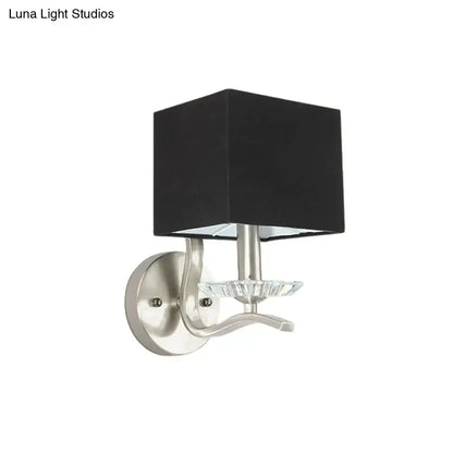 Modern brushed nickel bedside wall lamp with black fabric shade and crystal accent cube bedside wall lamp