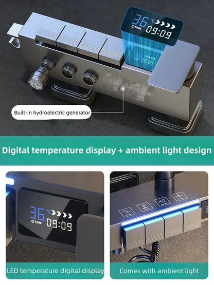 Modern brushed nickel electric sunflower rainfall shower set with stainless steel smart faucet and digital temperature display