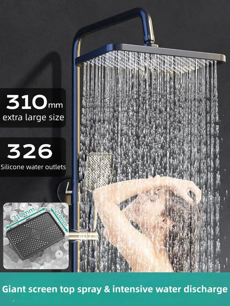 Black square electric sunflower rainfall showerhead with 326 silicone outlets in modern brushed nickel finish