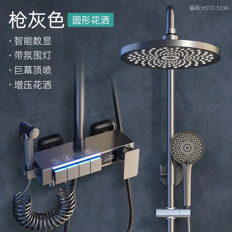 Modern brushed nickel electric sunflower rainfall shower set with gunmetal gray circular showerhead and multiple spray nozzles