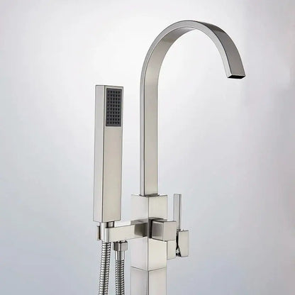 Modern brushed nickel decorbites freestanding tub faucet with curved spout and square handheld showerhead