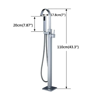Modern brushed nickel decorbites freestanding tub faucet with chrome finish, curved spout, and integrated handheld showerhead