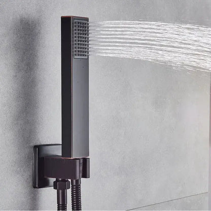 Modern matte black rectangular showerhead with multiple water jets for decorbites brushed nickel handshower set bathroom use