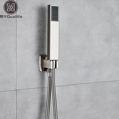 Modern brushed nickel handshower set with stainless steel rectangular showerhead and textured spray face by decorbites brushed nickel