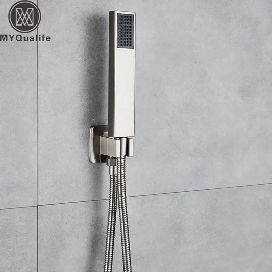 Modern brushed nickel handshower set with stainless steel rectangular showerhead and textured spray face by decorbites brushed nickel