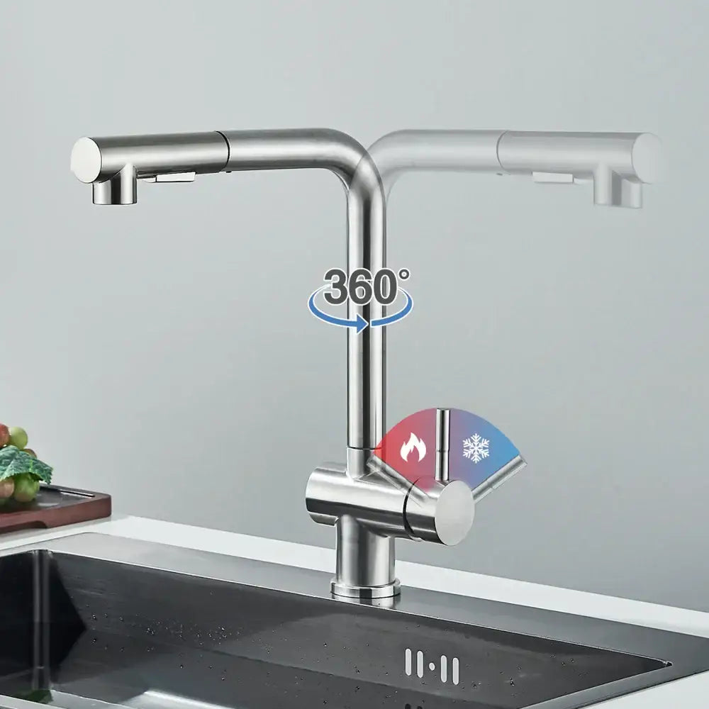 Modern brushed nickel kitchen faucet with dual pull-out spouts and dual temperature control by decorbites brushed nickel
