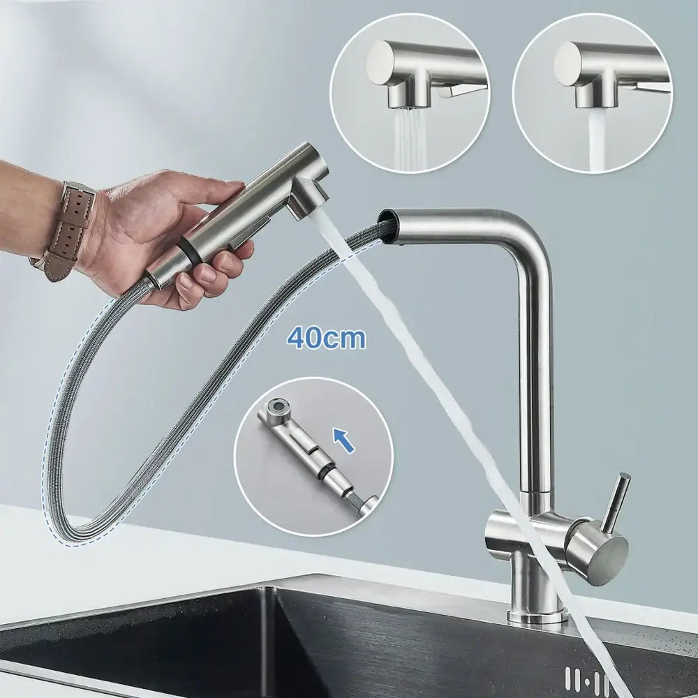Modern brushed nickel kitchen faucet with stainless steel dual spray nozzle and 40cm flexible pull-out hose decorbites brushed nickel