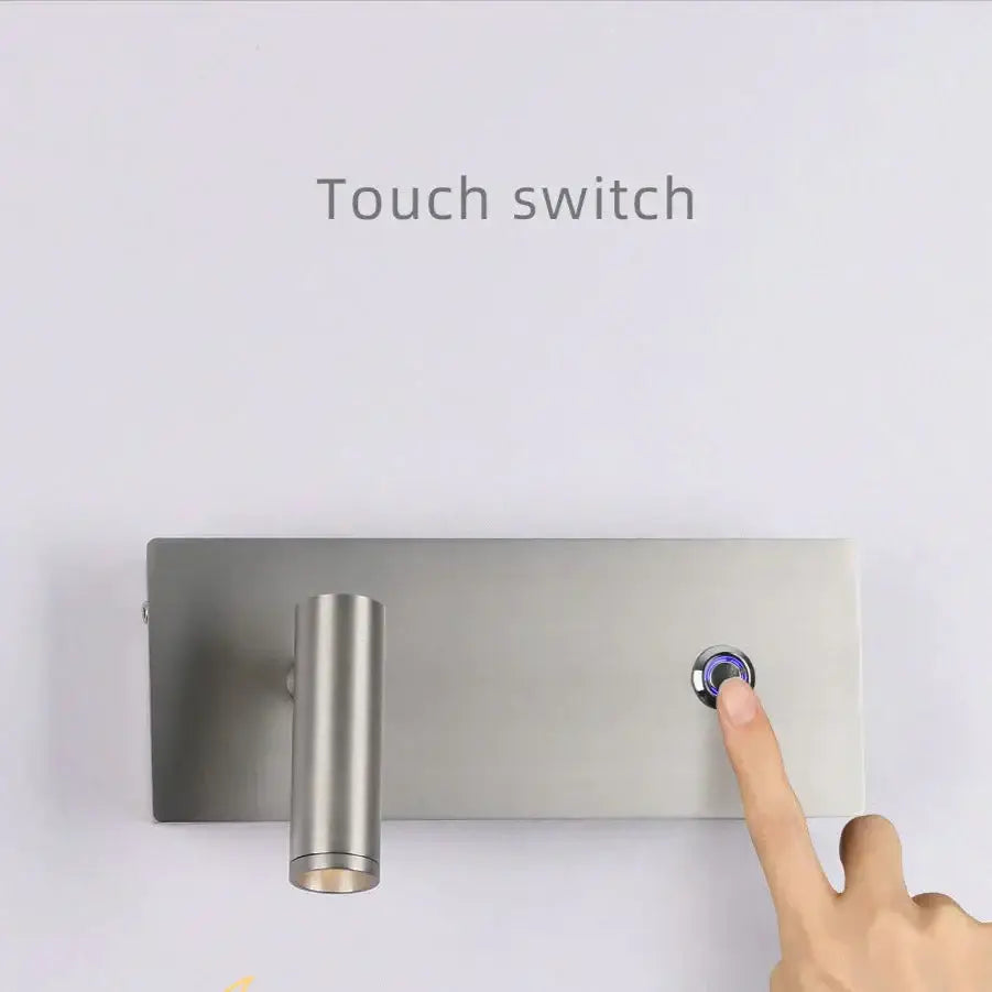 Modern brushed nickel led dimmable reading wall light with stainless steel cylindrical lamp and circular touch switch