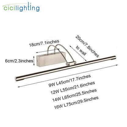 Modern brushed nickel led vanity light with sleek cylindrical design and adjustable wall-mounted bracket for bathroom mirror
