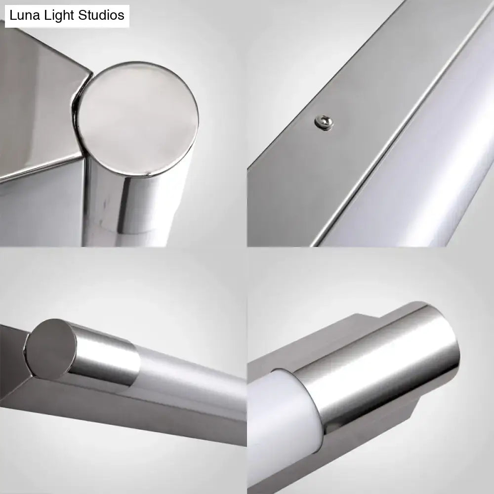 Modern brushed nickel wall light with chrome finish and integrated led strip providing warm white light for bathroom vanity