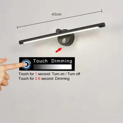 Modern brushed nickel led wall lamp with black matte finish and touch-sensitive dimming control for bathroom use