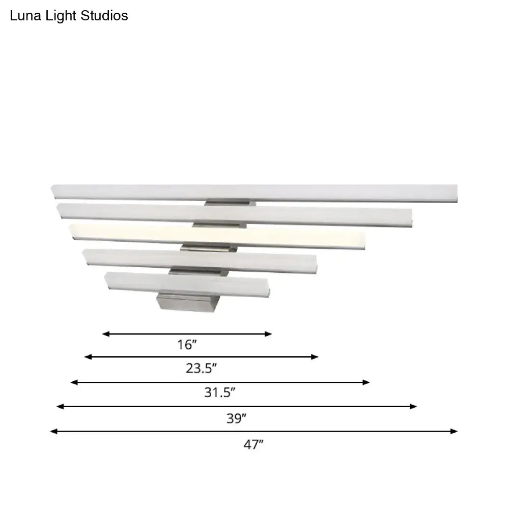 Modern brushed nickel led wall light fixture with layered frosted glass panels for bathroom vanity use