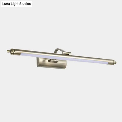 A sleek brushed nickel led wall sconce with integrated led strip providing warm white light for restrooms