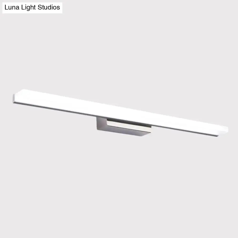 Modern brushed nickel linear acrylic vanity mirror light with sleek white diffuser and brushed metal mounting bracket