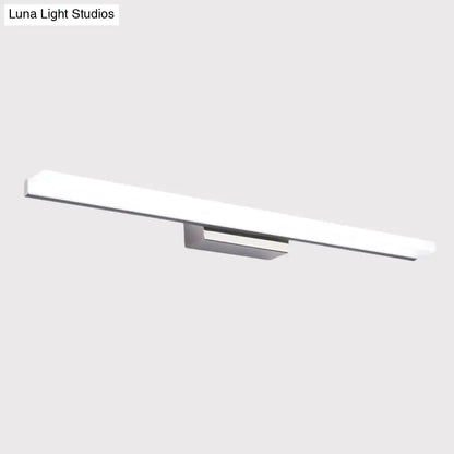 Modern brushed nickel linear acrylic vanity mirror light with sleek white diffuser and brushed metal mounting bracket