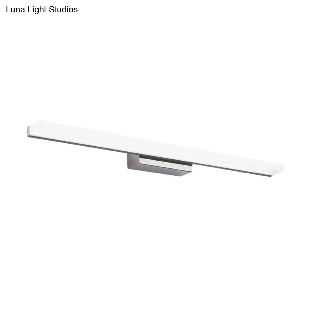 Modern brushed nickel linear acrylic vanity mirror light with a sleek white diffuser for bathroom use