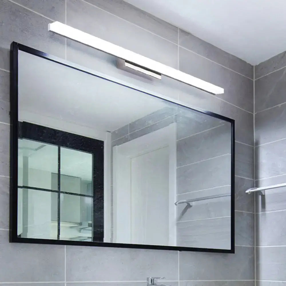 Modern brushed nickel linear acrylic vanity mirror light with black-framed rectangular design for bathroom use