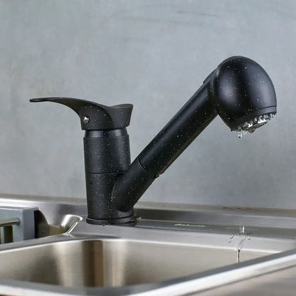 Modern brushed nickel kitchen faucet with black speckled pull-out spray head and single lever handle decorbites brushed nickel
