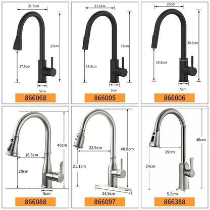 Modern brushed nickel pull out kitchen faucet with sleek black and stainless steel curved pull down spouts in varying heights