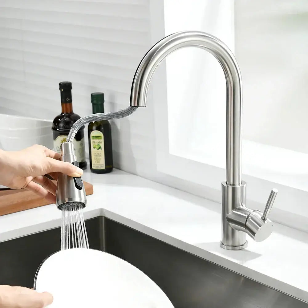 Modern brushed nickel pull out kitchen faucet with curved spout and stainless steel pull down spray head decorbites brushed nickel