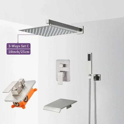 Modern brushed nickel shower faucet featuring a stainless steel square rain shower head with textured surface decorbites brushed nickel