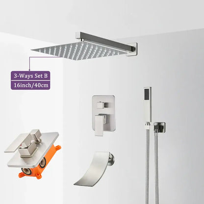 Stainless steel square rain shower head with brushed nickel finish and textured surface in decorbites shower faucet set
