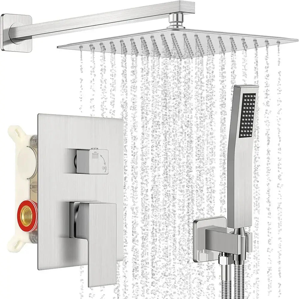 Modern brushed nickel shower faucet set with rain shower head handheld sprayer and wall-mounted control panel decorbites brushed nickel