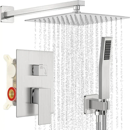 Modern brushed nickel shower faucet set with rain shower head handheld sprayer and wall-mounted control panel decorbites brushed nickel