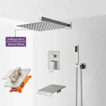 Modern brushed nickel shower faucet with stainless steel square rain shower head and multiple spray settings decorbites brushed nickel
