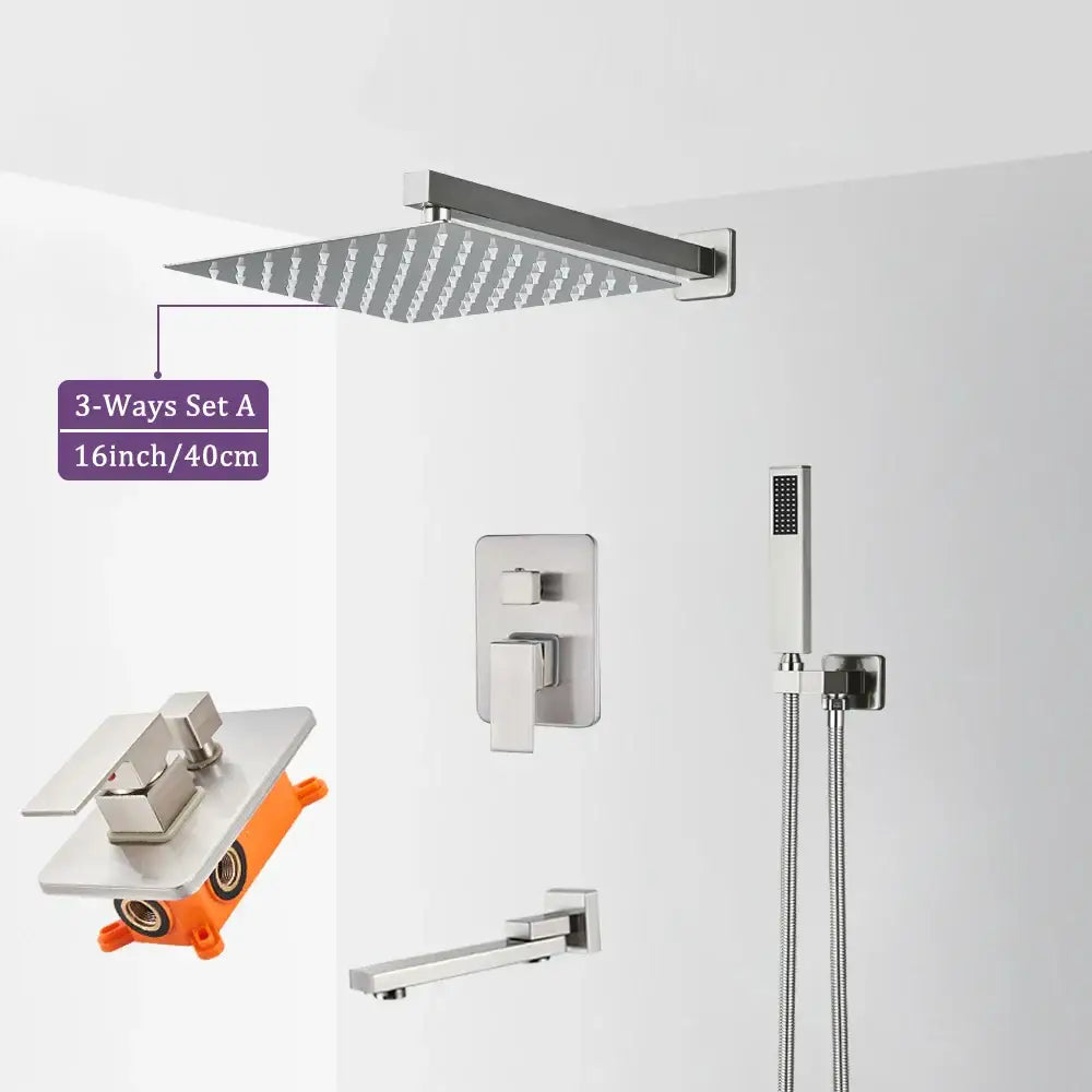 Modern brushed nickel 16-inch square rain shower head with integrated spray nozzles decorbites brushed nickel shower faucet